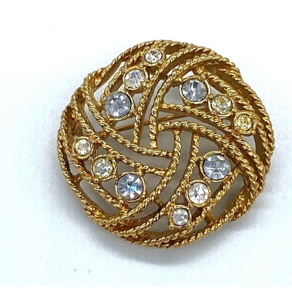 Gold Tone Crystal Aurora Borealis Open Rope Brooch Pin Vintage - Picture 1 of 6